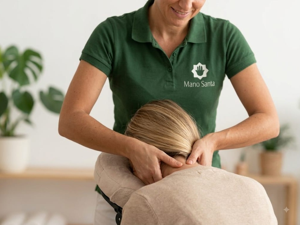 Manual neck and shoulder work for a seated client at Mano Santa.