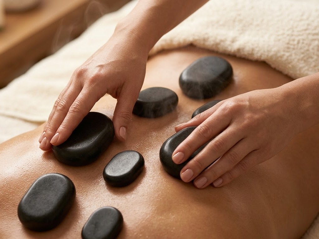 Hot stones applied during a wellness session.
