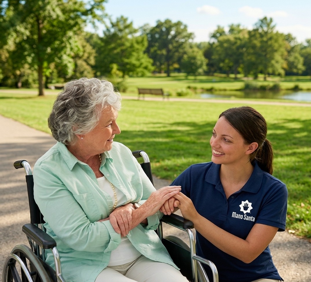 Warm, supportive companionship with an older adult during an outdoor activity.