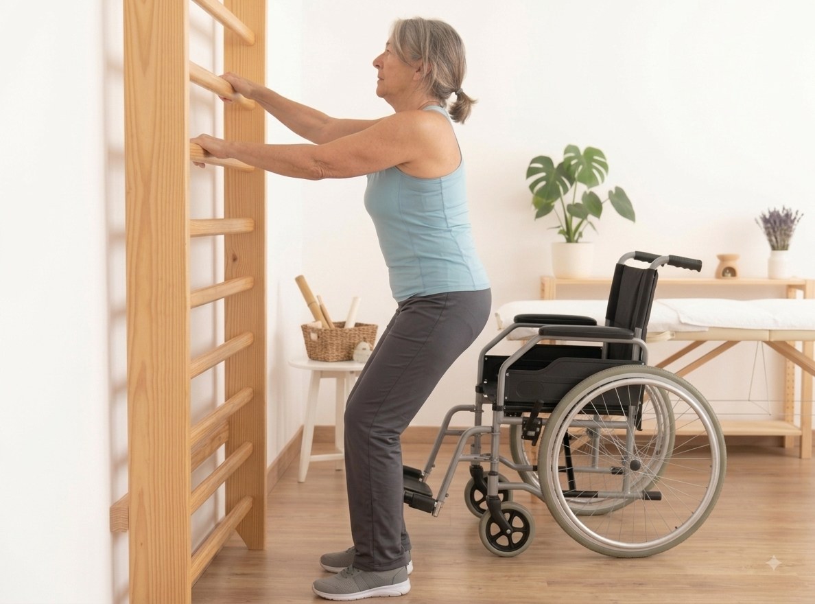 Older adult doing gentle mobility exercises beside a wheelchair.