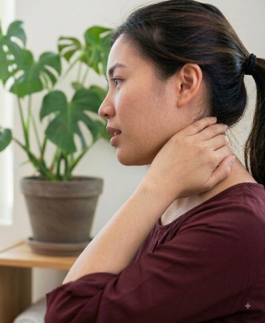 Person experiencing neck tension before a session.